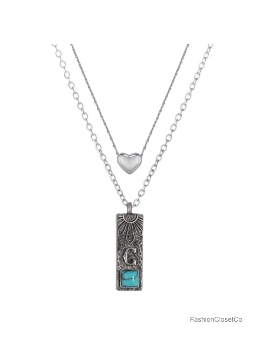 Western Turquoise Initial Layered Necklace Silver Tone